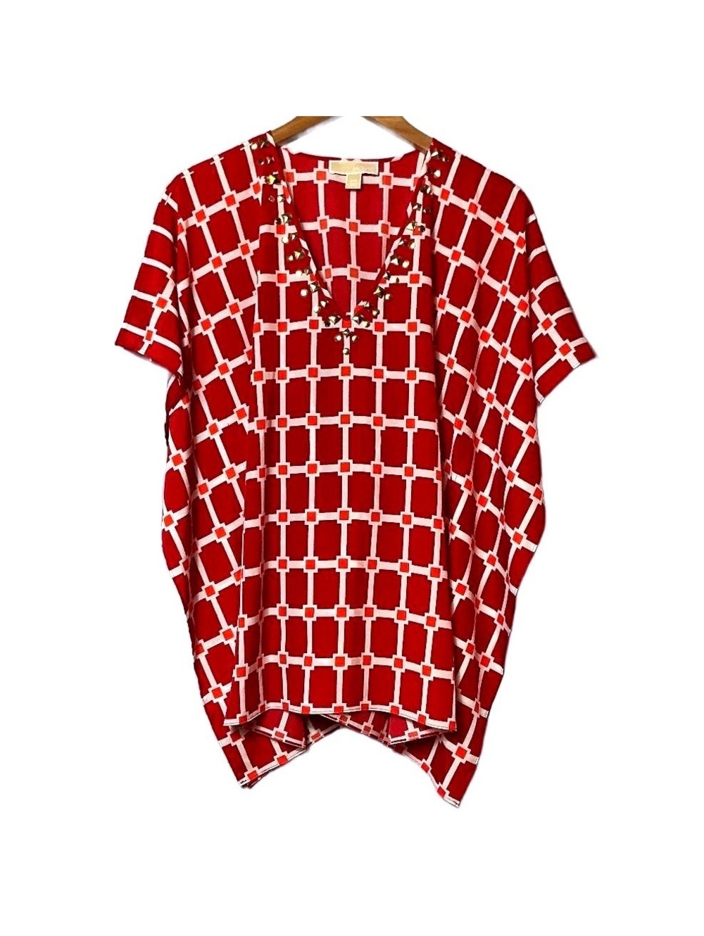 Women’s Poncho Style Blouse Michael Kors Red White Geometric w/ Gold Bead V-Neck